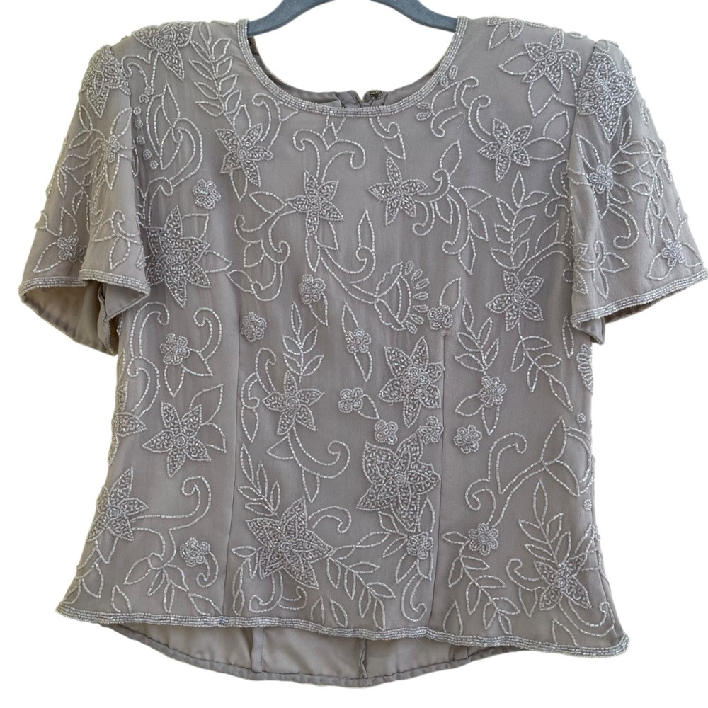 Talbots Vintage Creamy Tan Beaded Short Sleeve Silk Blouse 2 Petite